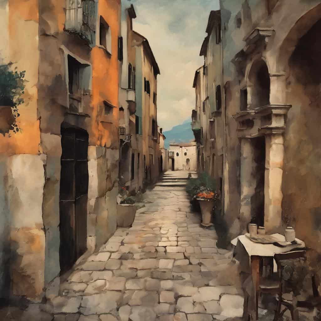 Οδός με παλιούς και πολύχρωμους ερειπωμένους τοίχους, δημιουργώντας ατμόσφαιρα τέχνης και ιστορίας στο δρόμο της τέχνης.