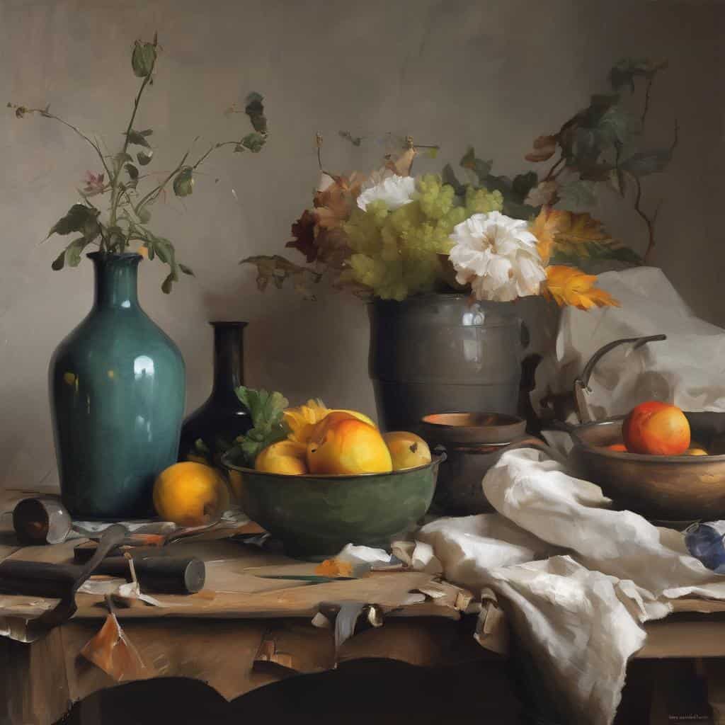 Λουλούδια σε βάζα και φρούτα σε πιατέλες σε μια καλαίσθητη σύνθεση, εμπνευσμένη από την τέχνη και τις νέες μορφές της στο διαδίκτυο.