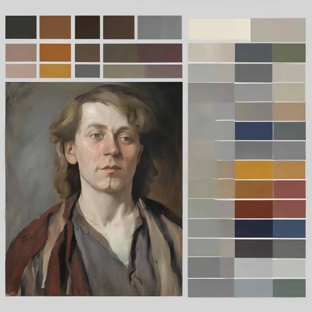 Ζωγραφική πορτρέτου νεαρού άνδρα με πλούσιο χρωματικό φορτίο και εκλεπτυσμένες αποχρώσεις, ψηφιακή τέχνη και καινοτόμες μορφές τέχνης.