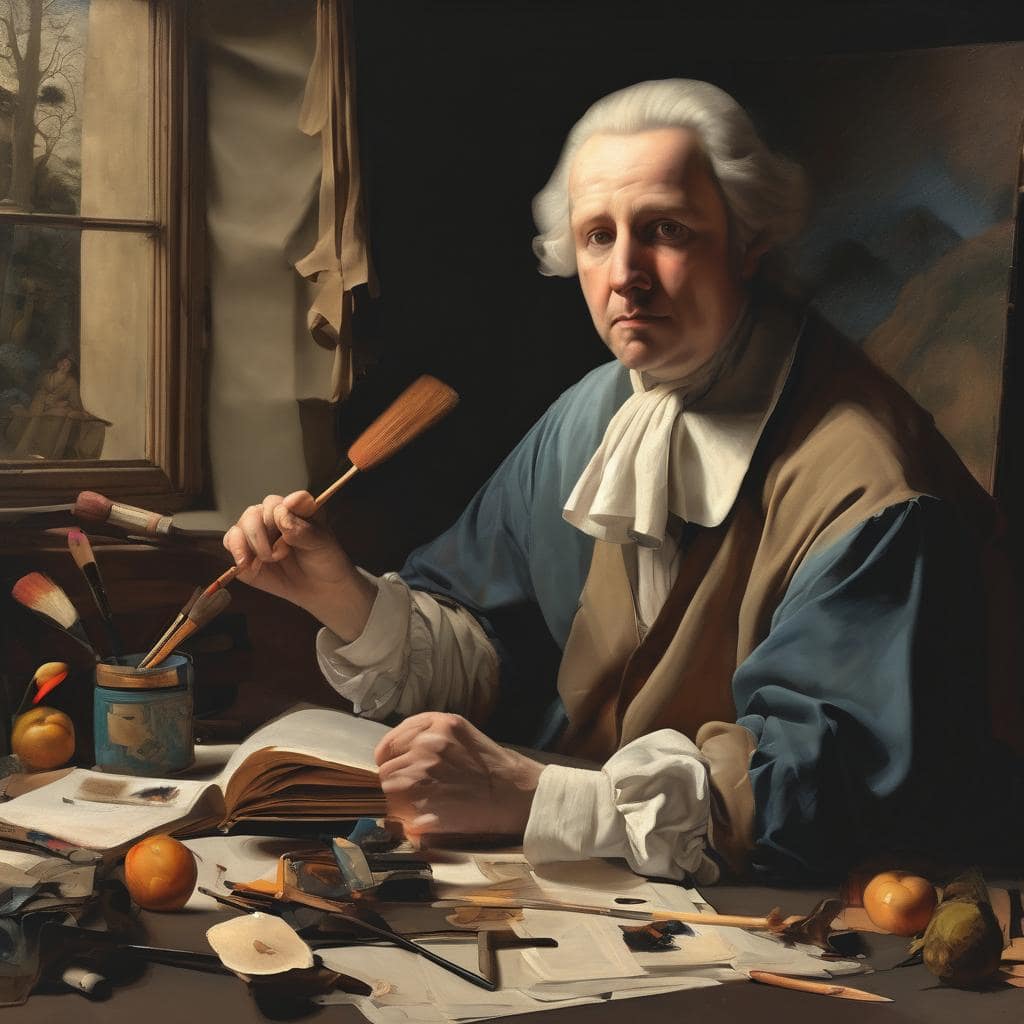 Ελαιογραφία διασημής ζωγράφου με καλεσμένα πινέλα και έργα τέχνης σε καμβά, αναδεικνύοντας την τέχνη και δημιουργικότητα.